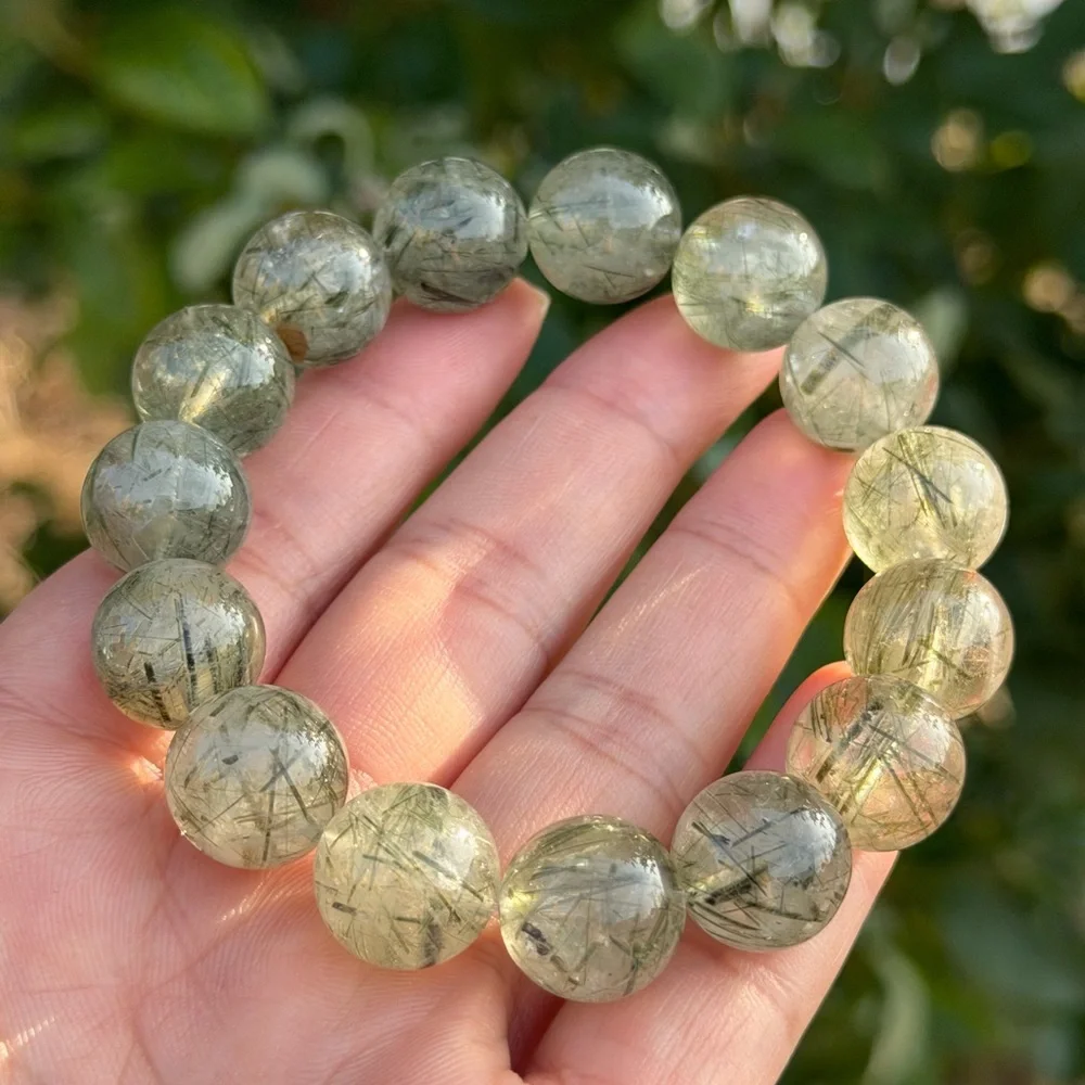 14mm stretchable high‎ quality translucent green rutilated quartz bracelet 1153